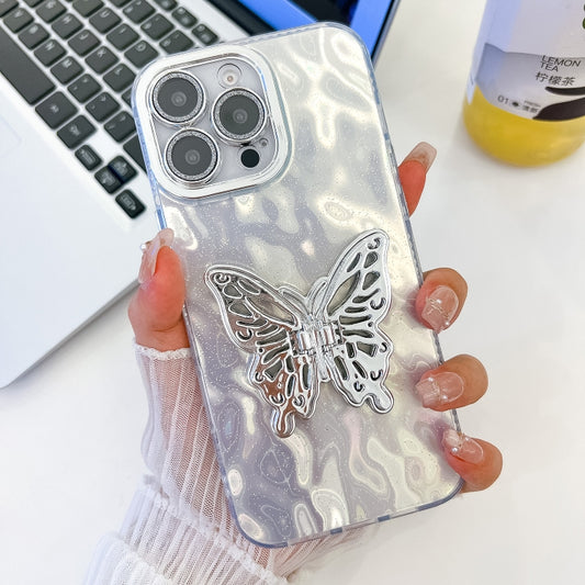 For iPhone 16 Pro Max Plating Glitter Texture Butterfly Holder TPU Phone Case with Lens Film(White Wrinkles) - iPhone 16 Pro Max Cases by buy2fix | Online Shopping UK | buy2fix