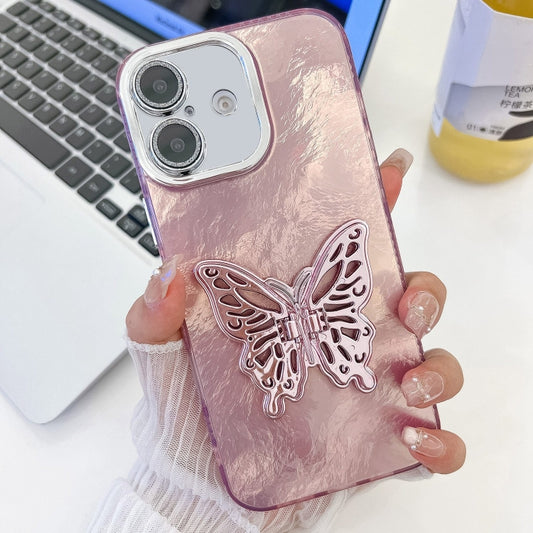 For iPhone 16 Plating Glitter Texture Butterfly Holder TPU Phone Case with Lens Film(Pink Tinfoil Texture) - iPhone 16 Cases by buy2fix | Online Shopping UK | buy2fix