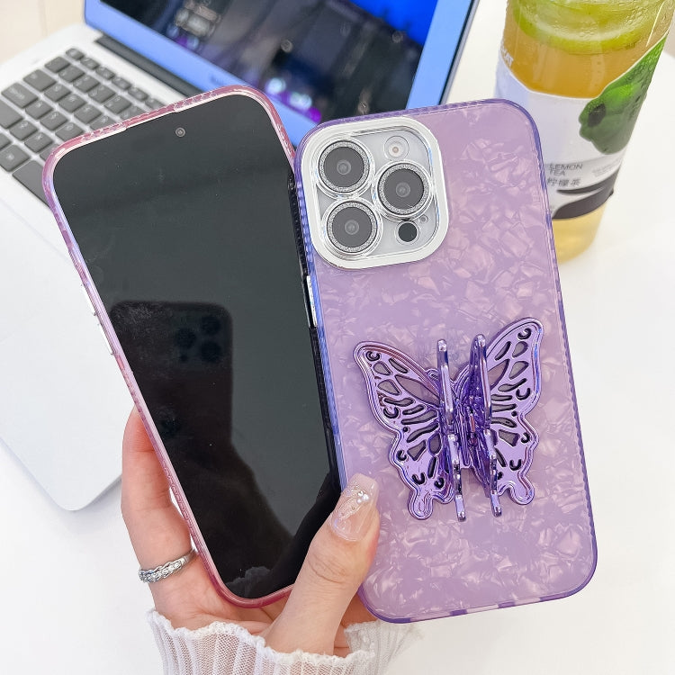 For iPhone 16 Plating Glitter Texture Butterfly Holder TPU Phone Case with Lens Film(Purple Feathers) - iPhone 16 Cases by buy2fix | Online Shopping UK | buy2fix