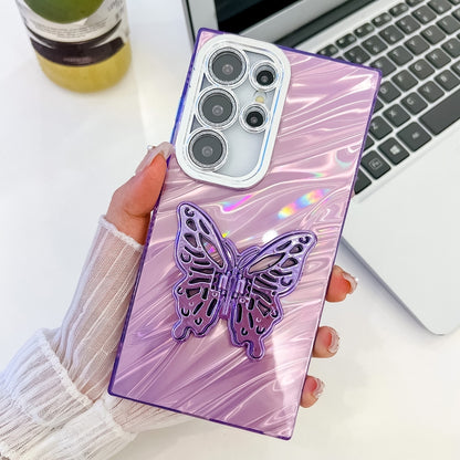 For Samsung Galaxy S25 Ultra 5G Plating Glitter Texture Butterfly Holder TPU Phone Case with Lens Film(Purple Water Ripples) - Galaxy S25 Ultra 5G Cases by buy2fix | Online Shopping UK | buy2fix