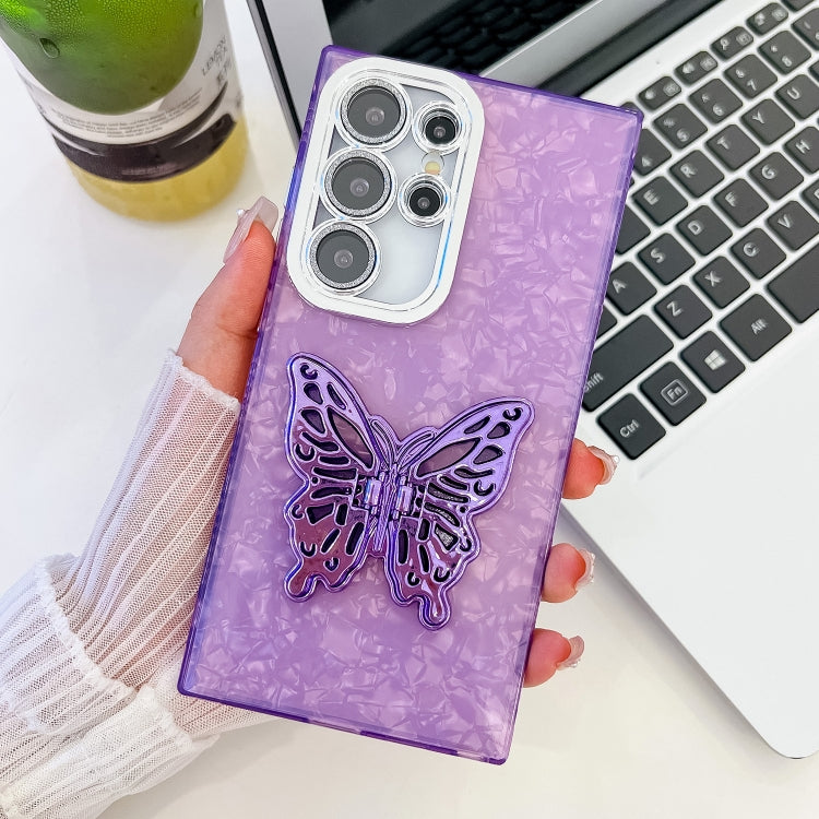 For Samsung Galaxy S25 Ultra 5G Plating Glitter Texture Butterfly Holder TPU Phone Case with Lens Film(Purple Shell Pattern) - Galaxy S25 Ultra 5G Cases by buy2fix | Online Shopping UK | buy2fix