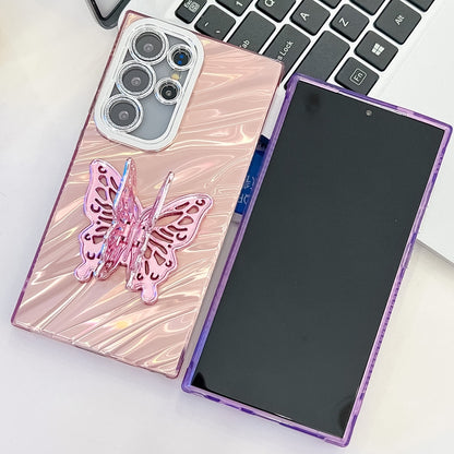 For Samsung Galaxy S25 Ultra 5G Plating Glitter Texture Butterfly Holder TPU Phone Case with Lens Film(Purple Water Ripples) - Galaxy S25 Ultra 5G Cases by buy2fix | Online Shopping UK | buy2fix