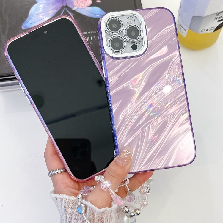 For iPhone 16 Plating Glitter Texture Chain Wristband TPU Phone Case with Lens Film(Pink Wrinkles) - iPhone 16 Cases by buy2fix | Online Shopping UK | buy2fix