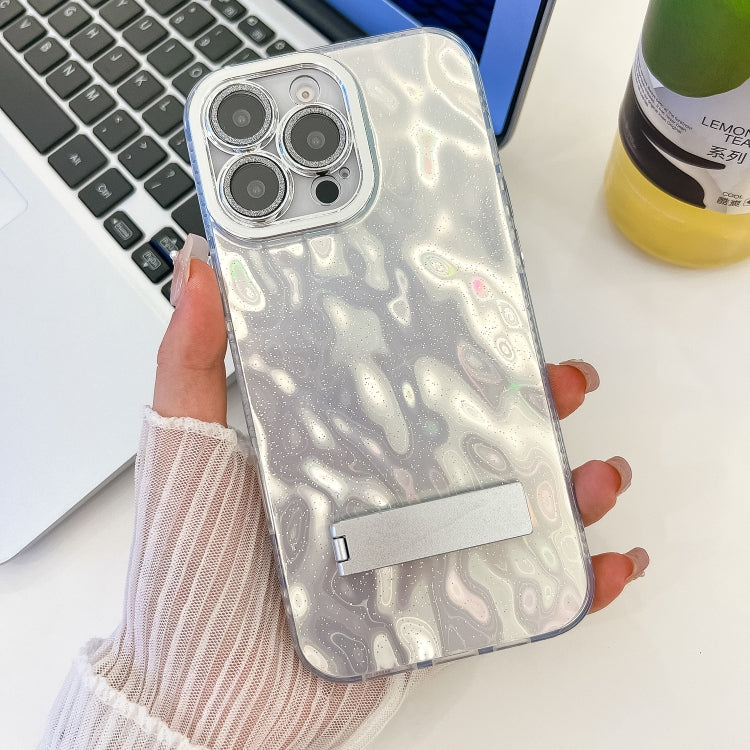 For iPhone 16 Pro Plating Glitter Texture Fold Holder TPU Phone Case with Lens Film(White Wrinkles) - iPhone 16 Pro Cases by buy2fix | Online Shopping UK | buy2fix