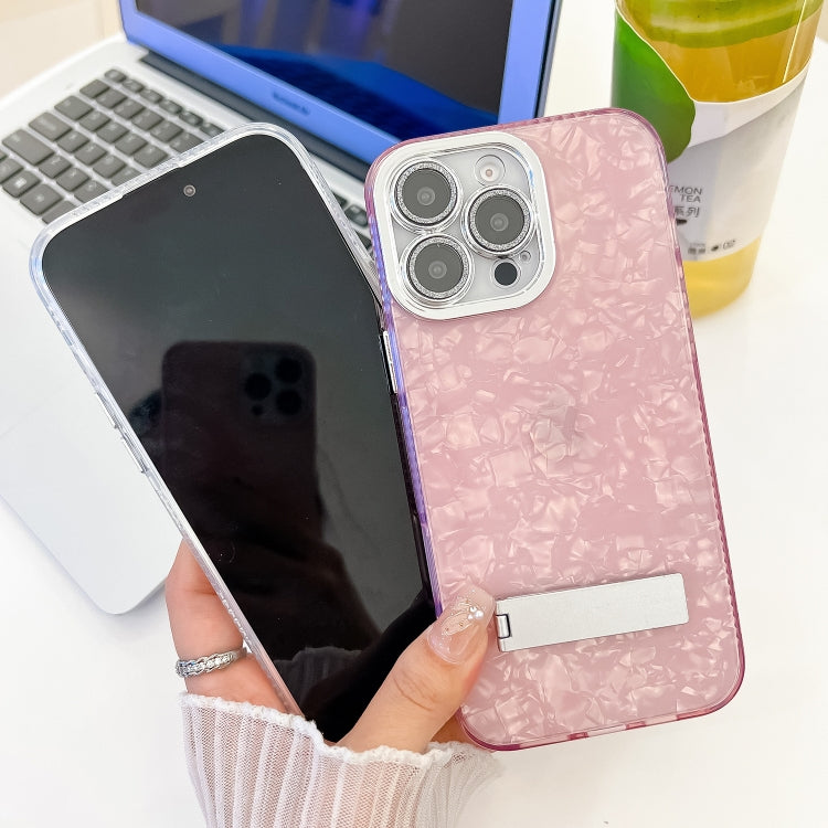 For iPhone 16 Pro Max Plating Glitter Texture Fold Holder TPU Phone Case with Lens Film(White Shell Pattern) - iPhone 16 Pro Max Cases by buy2fix | Online Shopping UK | buy2fix