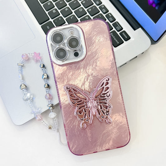 For iPhone 16 Pro Max Plating Glitter Lens Film Texture Butterfly Holder Wristband Phone Case(Pink Tinfoil Texture) - iPhone 16 Pro Max Cases by buy2fix | Online Shopping UK | buy2fix