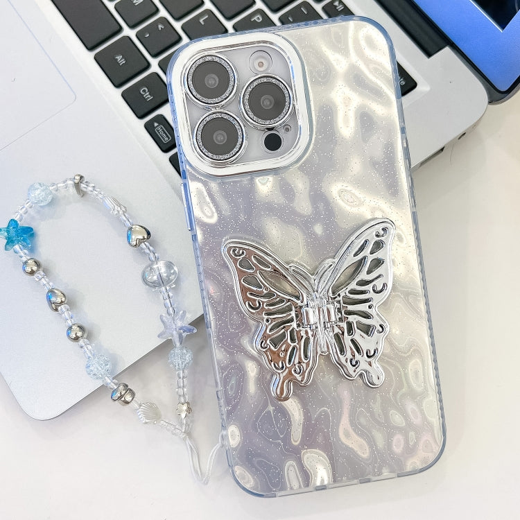 For iPhone 16 Pro Plating Glitter Lens Film Texture Butterfly Holder Wristband Phone Case(White Wrinkles) - iPhone 16 Pro Cases by buy2fix | Online Shopping UK | buy2fix