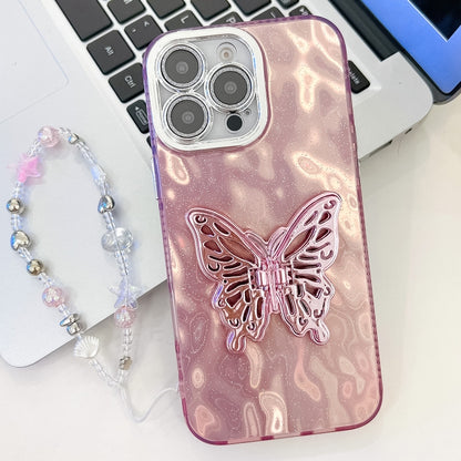 For iPhone 16 Pro Plating Glitter Lens Film Texture Butterfly Holder Wristband Phone Case(Pink Wrinkles) - iPhone 16 Pro Cases by buy2fix | Online Shopping UK | buy2fix