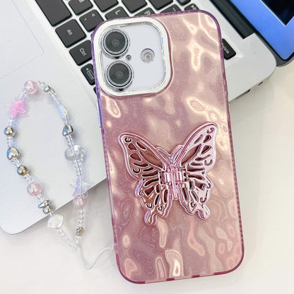 For iPhone 16 Plating Glitter Lens Film Texture Butterfly Holder Wristband Phone Case(Pink Wrinkles) - iPhone 16 Cases by buy2fix | Online Shopping UK | buy2fix