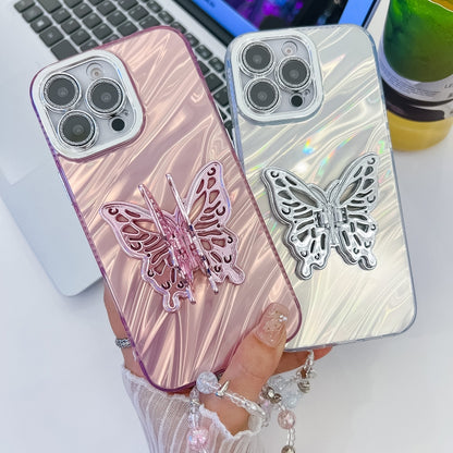 For iPhone 16 Plating Glitter Lens Film Texture Butterfly Holder Wristband Phone Case(Purple Feather Yarn) - iPhone 16 Cases by buy2fix | Online Shopping UK | buy2fix