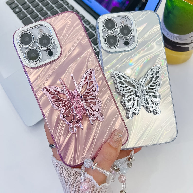 For iPhone 16 Pro Max Plating Glitter Lens Film Texture Butterfly Holder Wristband Phone Case(Pink Tinfoil Texture) - iPhone 16 Pro Max Cases by buy2fix | Online Shopping UK | buy2fix