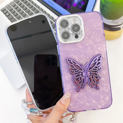 For iPhone 16 Pro Plating Glitter Lens Film Texture Butterfly Holder Wristband Phone Case(Purple Feather Yarn) - iPhone 16 Pro Cases by buy2fix | Online Shopping UK | buy2fix