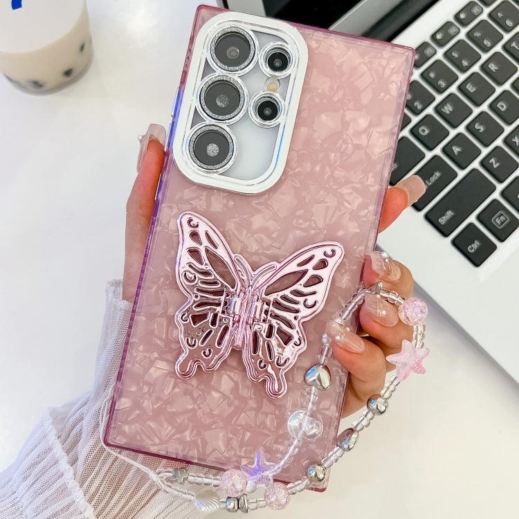 For Samsung Galaxy S25 Ultra 5G Plating Glitter Lens Film Texture Butterfly Holder Wristband Phone Case(Pink Shell Pattern) - Galaxy S25 Ultra 5G Cases by buy2fix | Online Shopping UK | buy2fix