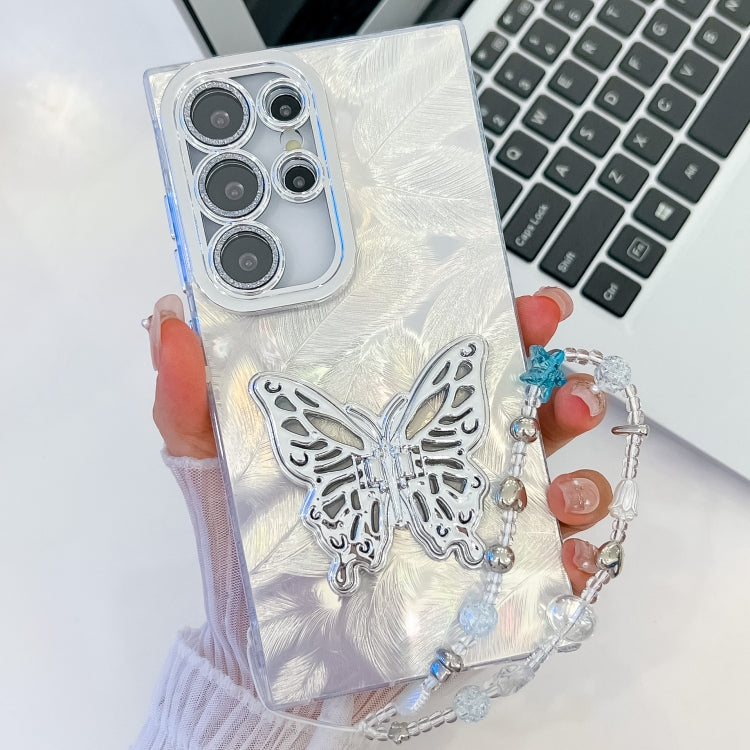 For Samsung Galaxy S25 Ultra 5G Plating Glitter Lens Film Texture Butterfly Holder Wristband Phone Case(White Feathers) - Galaxy S25 Ultra 5G Cases by buy2fix | Online Shopping UK | buy2fix