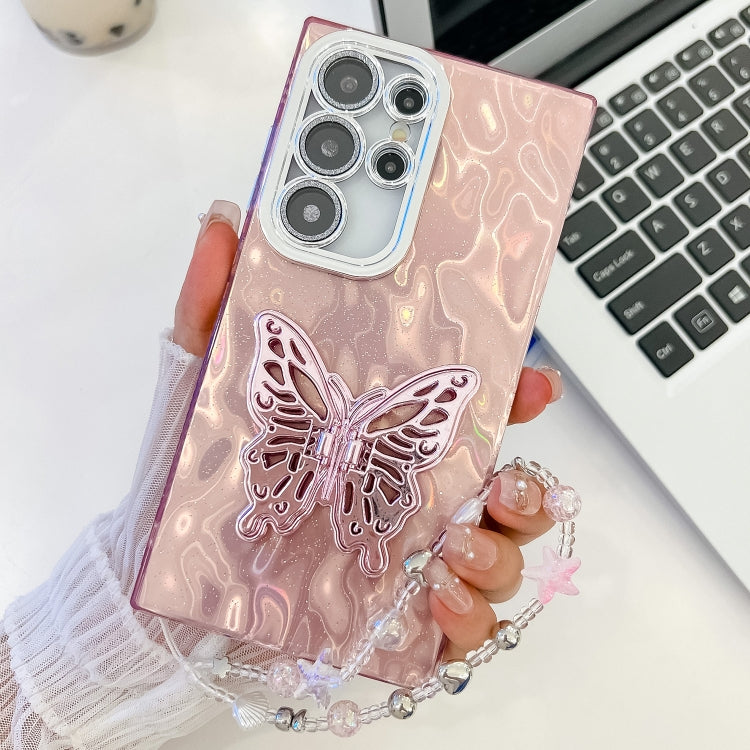 For Samsung Galaxy S25 Ultra 5G Plating Glitter Lens Film Texture Butterfly Holder Wristband Phone Case(Pink Wrinkles) - Galaxy S25 Ultra 5G Cases by buy2fix | Online Shopping UK | buy2fix