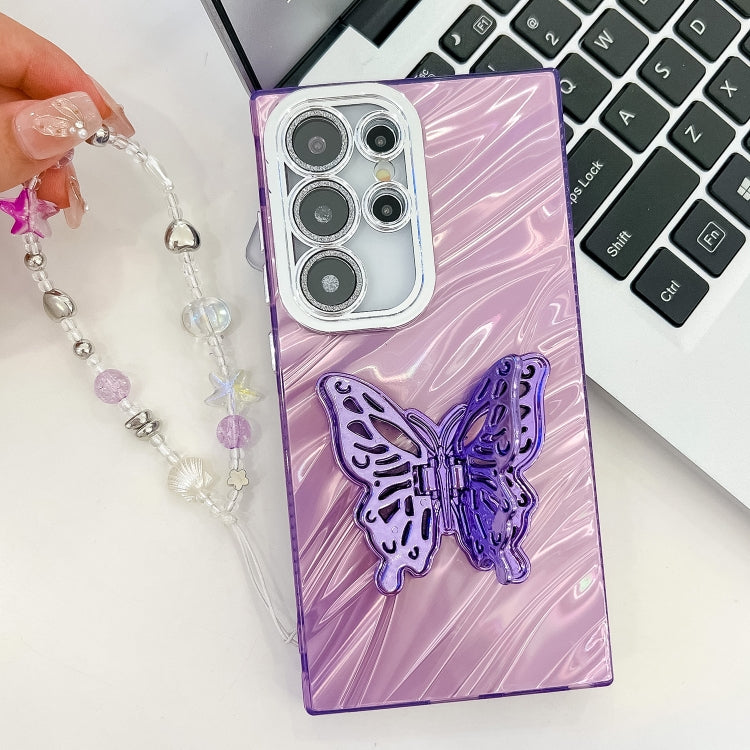 For Samsung Galaxy S25 5G Plating Glitter Lens Film Texture Butterfly Holder Wristband Phone Case(White Feather Yarn) - Galaxy S25 5G Cases by buy2fix | Online Shopping UK | buy2fix