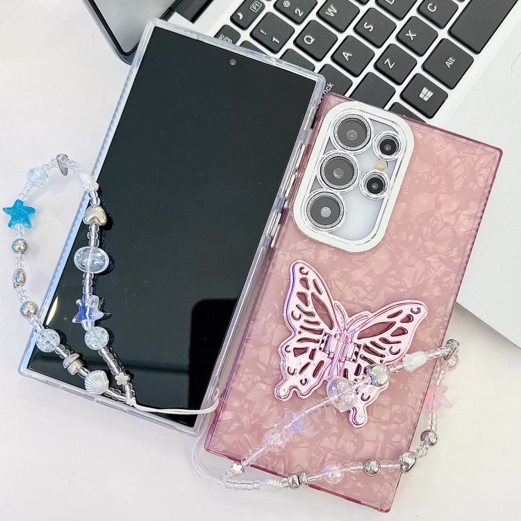 For Samsung Galaxy S25 Ultra 5G Plating Glitter Lens Film Texture Butterfly Holder Wristband Phone Case(Pink Feathers) - Galaxy S25 Ultra 5G Cases by buy2fix | Online Shopping UK | buy2fix