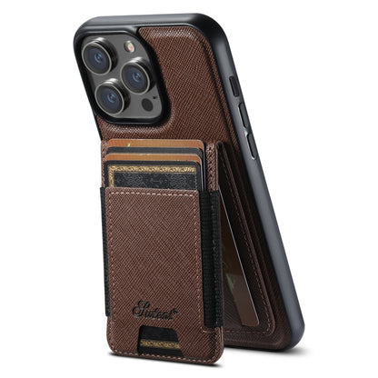 For iPhone 14 Pro Max Suteni H17 Cross Grain Leather MagSafe Detachable Wallet Phone Case(Brown) - iPhone 14 Pro Max Cases by Suteni | Online Shopping UK | buy2fix