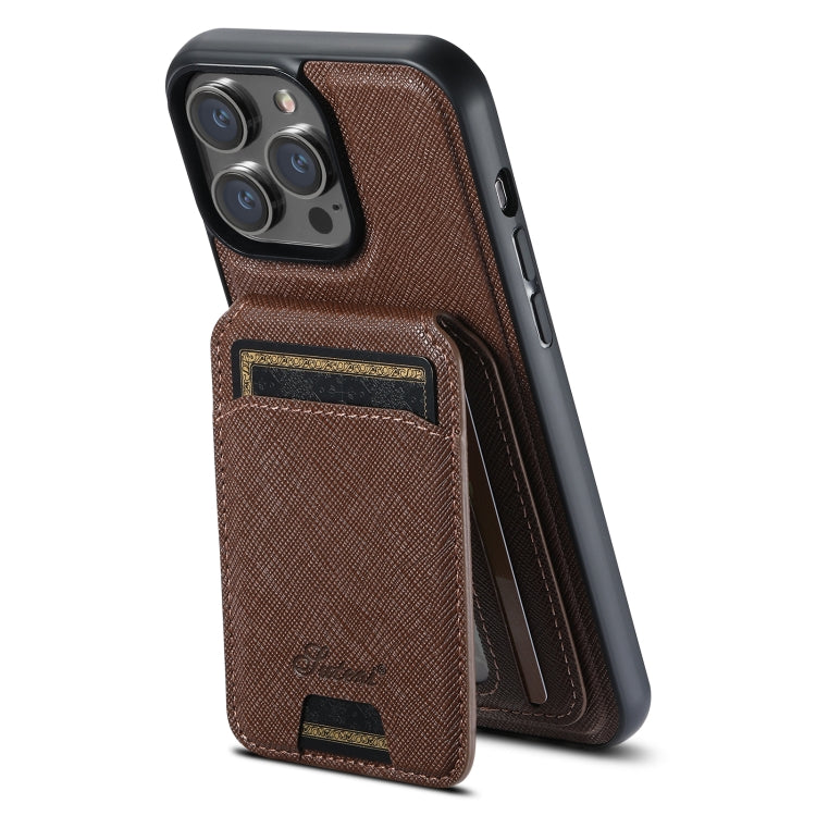 For iPhone 16 Suteni H18 Cross Grain MagSafe Wallet Leather Phone Case(Brown) - iPhone 16 Cases by Suteni | Online Shopping UK | buy2fix