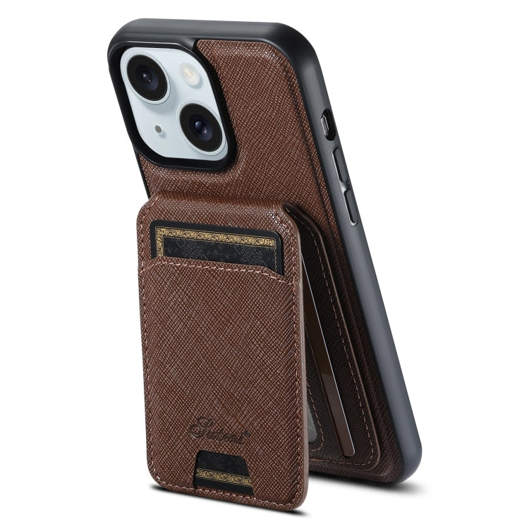 For iPhone 15 Suteni H18 Cross Grain MagSafe Wallet Leather Phone Case(Brown) - iPhone 15 Cases by Suteni | Online Shopping UK | buy2fix