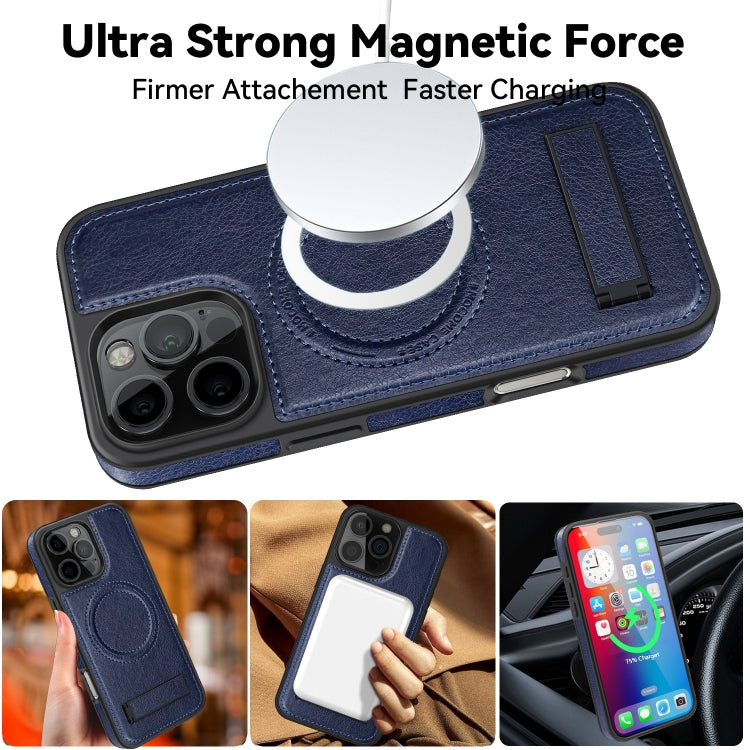 For iPhone 16 Pro Multi-function Holder MagSafe PU Phone Case(Blue) - iPhone 16 Pro Cases by buy2fix | Online Shopping UK | buy2fix