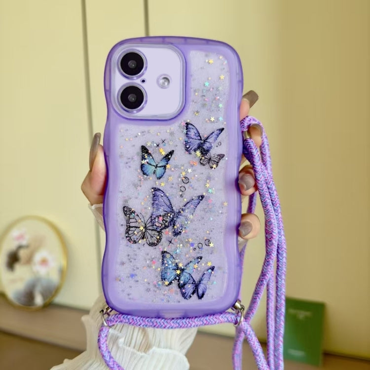 For iPhone 16 Plus Crossbody Wave Edge Butterfly TPU Phone Case(Purple) - iPhone 16 Plus Cases by buy2fix | Online Shopping UK | buy2fix