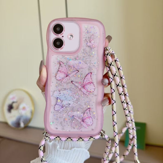 For iPhone 16 Crossbody Wave Edge Butterfly TPU Phone Case(Pink) - iPhone 16 Cases by buy2fix | Online Shopping UK | buy2fix