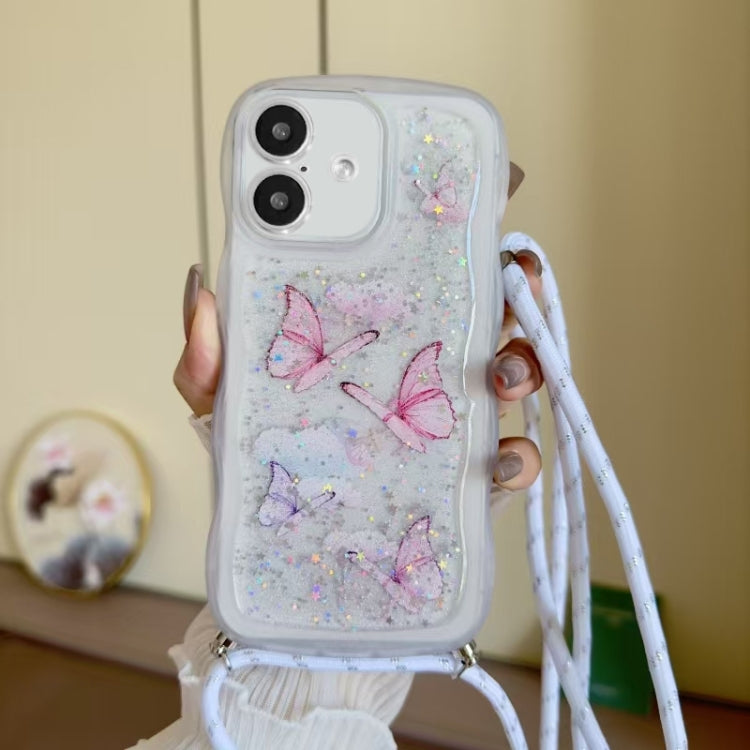 For iPhone 16 Crossbody Wave Edge Butterfly TPU Phone Case(White) - iPhone 16 Cases by buy2fix | Online Shopping UK | buy2fix