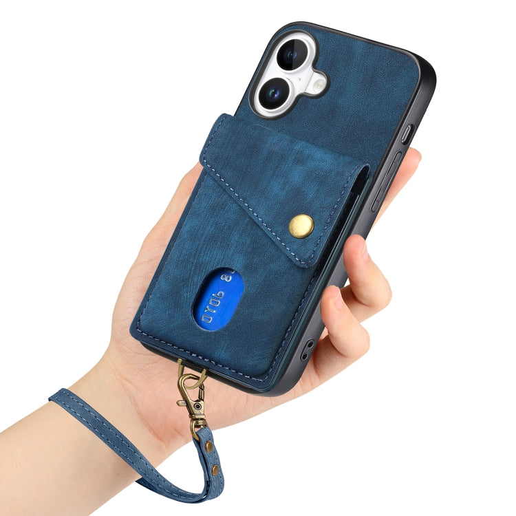 For iPhone 16 Plus Retro Card Wallet Fold Leather Phone Case with Strap(Blue) - iPhone 16 Plus Cases by buy2fix | Online Shopping UK | buy2fix