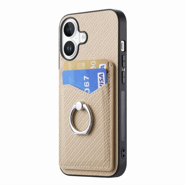 For iPhone 16 Carbon Fiber Card Wallet Ring Phone Case(Khaki) - iPhone 16 Cases by buy2fix | Online Shopping UK | buy2fix