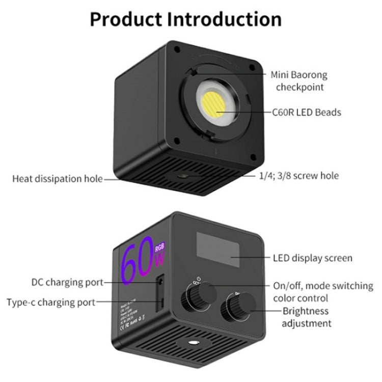 C60R 60W RGB Stage Lamp Professional Video Photography COB Fill Light With 8 Batteries, Plug:UK Plug - Selfie Light by buy2fix | Online Shopping UK | buy2fix