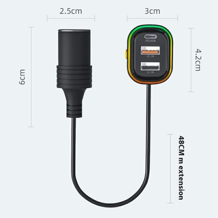 YQ9 12-24V Vehicles Type-C and Dual USB Car Front Rear Seat Cigarette Lighter Charger - Car Charger by buy2fix | Online Shopping UK | buy2fix