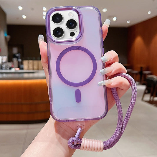 For iPhone 16 Pro Bright Shadow  Magsafe Discoloration Phone Case with Wrist Strap(Purple) - iPhone 16 Pro Cases by buy2fix | Online Shopping UK | buy2fix