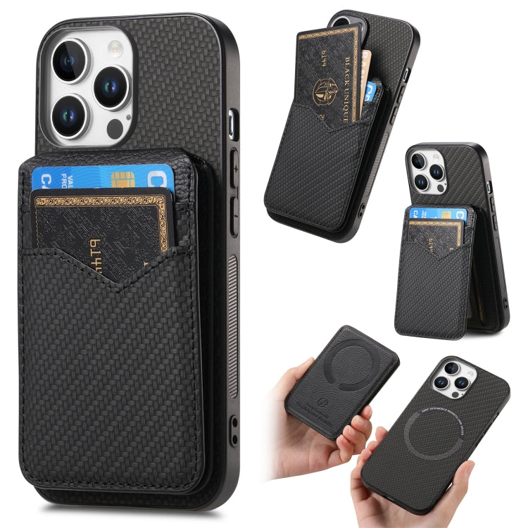 For iPhone 16 Pro Carbon Fiber MagSafe Vertical Flip Card Bag Phone Case(Black) - iPhone 16 Pro Cases by buy2fix | Online Shopping UK | buy2fix