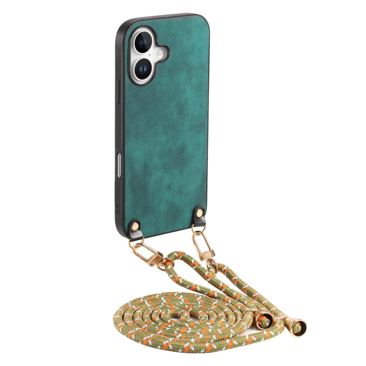 For iPhone 16 Vintage Leather PC Back Cover Phone Case with Crossbody Strap(Green) - iPhone 16 Cases by buy2fix | Online Shopping UK | buy2fix