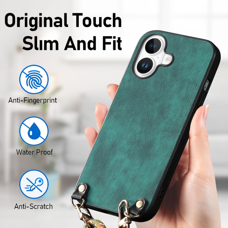 For iPhone 16 Vintage Leather PC Back Cover Phone Case with Crossbody Strap(Green) - iPhone 16 Cases by buy2fix | Online Shopping UK | buy2fix