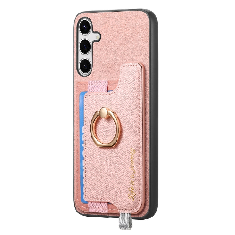 For Samsung Galaxy S25+ 5G Retro Cross Leather Ring Horizontal Insert Card Bag MagSafe Phone Case(Pink) - Galaxy S25+ 5G Cases by buy2fix | Online Shopping UK | buy2fix