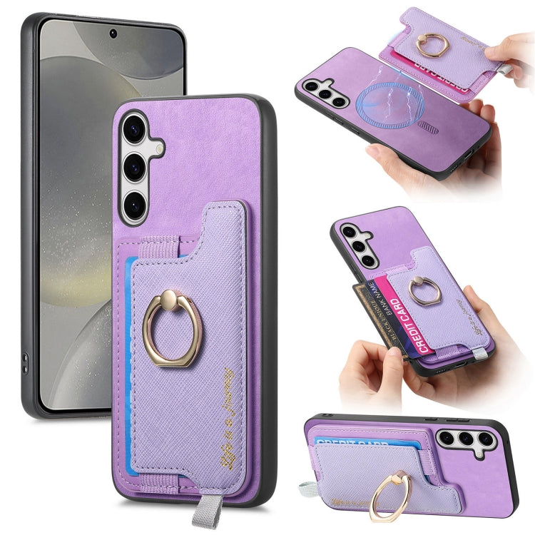 For Samsung Galaxy S25+ 5G Retro Cross Leather Ring Horizontal Insert Card Bag MagSafe Phone Case(Purple) - Galaxy S25+ 5G Cases by buy2fix | Online Shopping UK | buy2fix