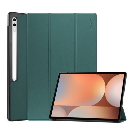 For Samsung Galaxy Tab S10+ / S9+ / S9 FE+ ENKAY Tri-fold Custer Texture Plastic Leather Smart Tablet Case with Pen Slot(Dark Green) - Galaxy Tab S9+ Cases by ENKAY | Online Shopping UK | buy2fix