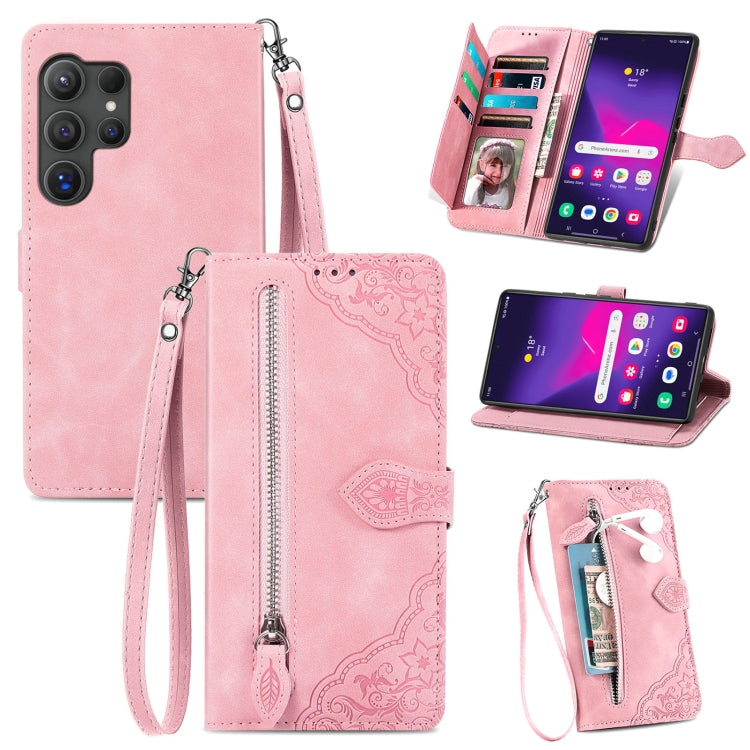 For Samsung Galaxy S25 Ultra 5G Embossed Flower Zipper Leather Phone Case(Pink) - Galaxy S25 Ultra 5G Cases by buy2fix | Online Shopping UK | buy2fix