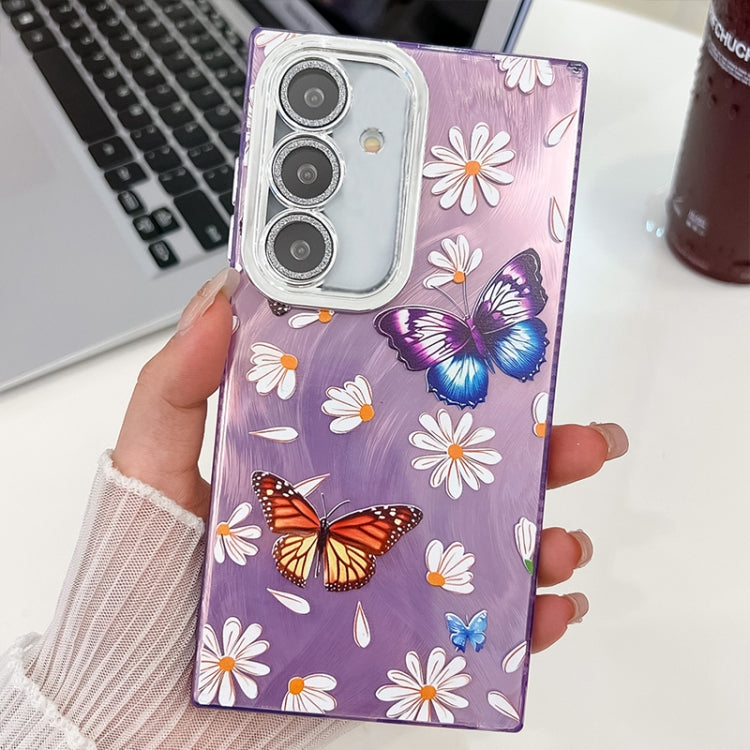 For Samsung Galaxy S25 5G Plating Texture Butterfly TPU Phone Case with Glitter Lens Film(Daisy Butterflies HU2) - Galaxy S25 5G Cases by buy2fix | Online Shopping UK | buy2fix