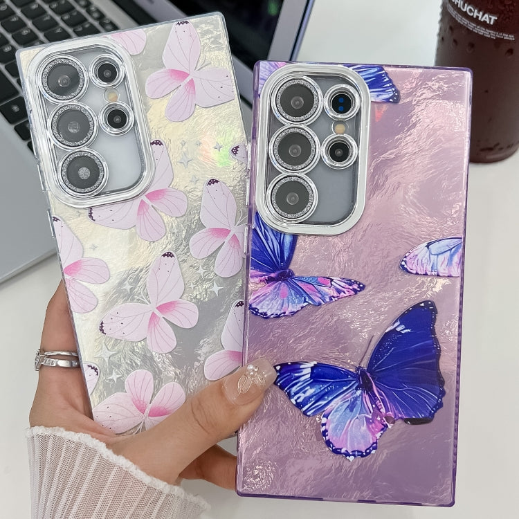 For Samsung Galaxy S25 Ultra 5G Plating Texture Butterfly TPU Phone Case with Glitter Lens Film(Silver Butterflies HU6) - Galaxy S25 Ultra 5G Cases by buy2fix | Online Shopping UK | buy2fix