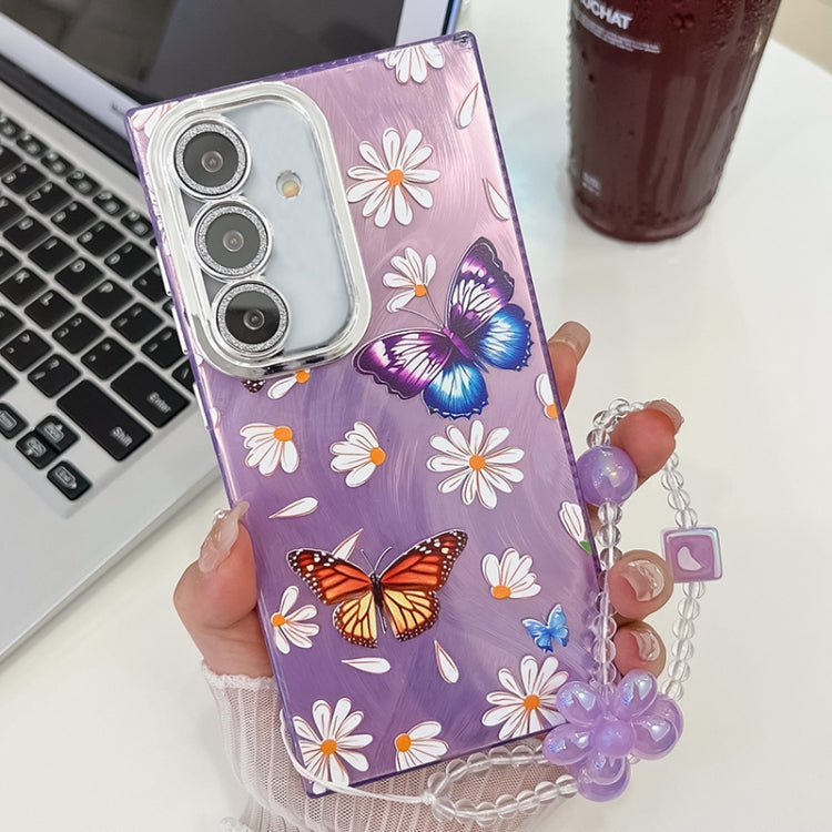 For Samsung Galaxy S25 5G Plating Texture Butterfly Wristband TPU Phone Case with Glitter Lens Film(Daisy Butterflies HU2) - Galaxy S25 5G Cases by buy2fix | Online Shopping UK | buy2fix