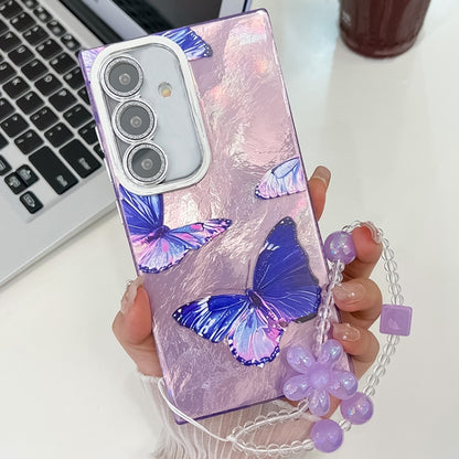 For Samsung Galaxy S25 5G Plating Texture Butterfly Wristband TPU Phone Case with Glitter Lens Film(Purple Butterflies HU4) - Galaxy S25 5G Cases by buy2fix | Online Shopping UK | buy2fix