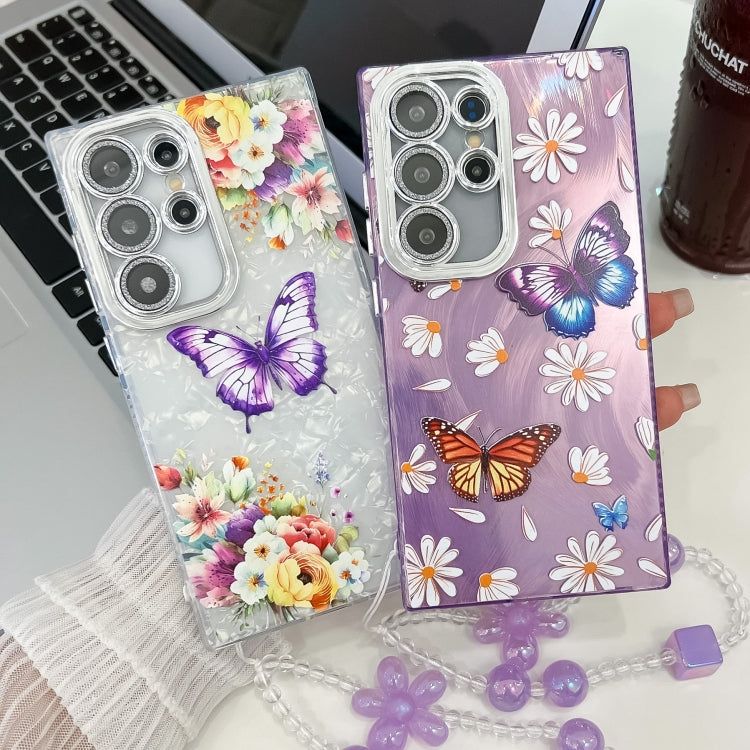 For Samsung Galaxy S25 Ultra 5G Plating Texture Butterfly Wristband TPU Phone Case with Glitter Lens Film(Flowers Butterflies HU1) - Galaxy S25 Ultra 5G Cases by buy2fix | Online Shopping UK | buy2fix