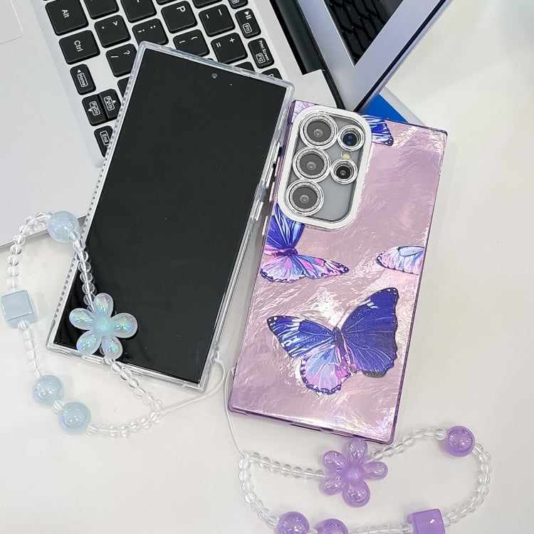 For Samsung Galaxy S25 Ultra 5G Plating Texture Butterfly Wristband TPU Phone Case with Glitter Lens Film(Flowers Butterflies HU1) - Galaxy S25 Ultra 5G Cases by buy2fix | Online Shopping UK | buy2fix