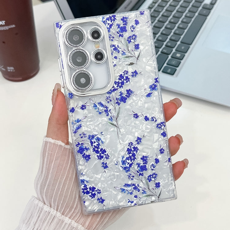 For Samsung Galaxy S25 Ultra 5G Electroplating Flowers Plants Texture TPU Phone Case(Blue Flower FL13) - Galaxy S25 Ultra 5G Cases by buy2fix | Online Shopping UK | buy2fix