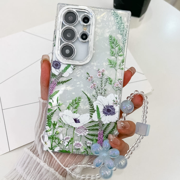 For Samsung Galaxy S25 Ultra 5G Electroplating Flowers Plants Texture Wristband TPU Phone Case(Green Plants FL5) - Galaxy S25 Ultra 5G Cases by buy2fix | Online Shopping UK | buy2fix