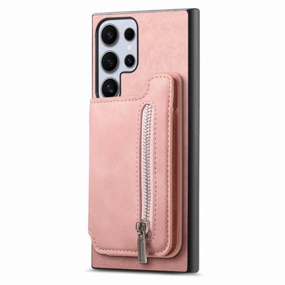 For Samsung Galaxy S25 Ultra 5G Retro MagSafe Zipper Wallet Card Bag Back Phone Case(Pink) - Galaxy S25 Ultra 5G Cases by buy2fix | Online Shopping UK | buy2fix