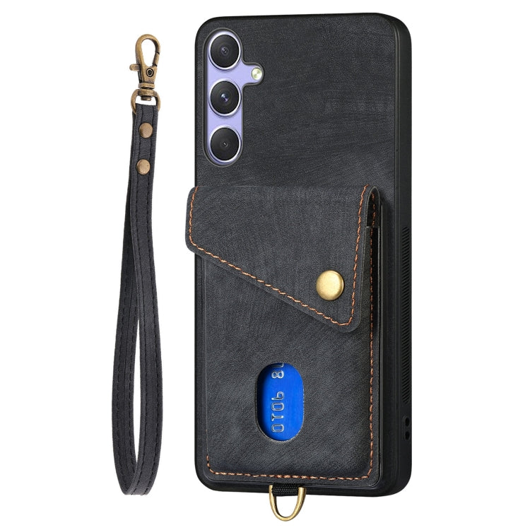 For Samsung Galaxy S25 5G Retro Card Wallet Fold Leather Phone Case with Strap(Black) - Galaxy S25 5G Cases by buy2fix | Online Shopping UK | buy2fix